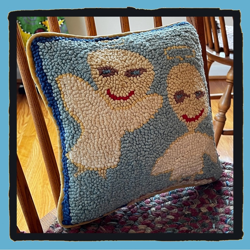Blue Eyed Angels With Halos Vintage Hooked Primitive Folk Art Pillow